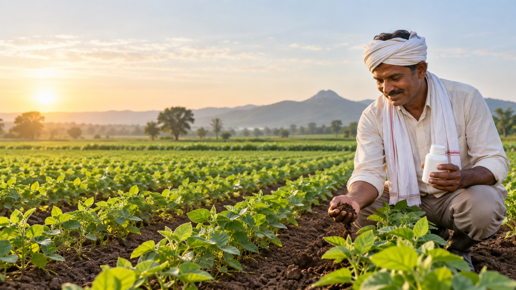 Farmer inspecting healthy crops and soil
