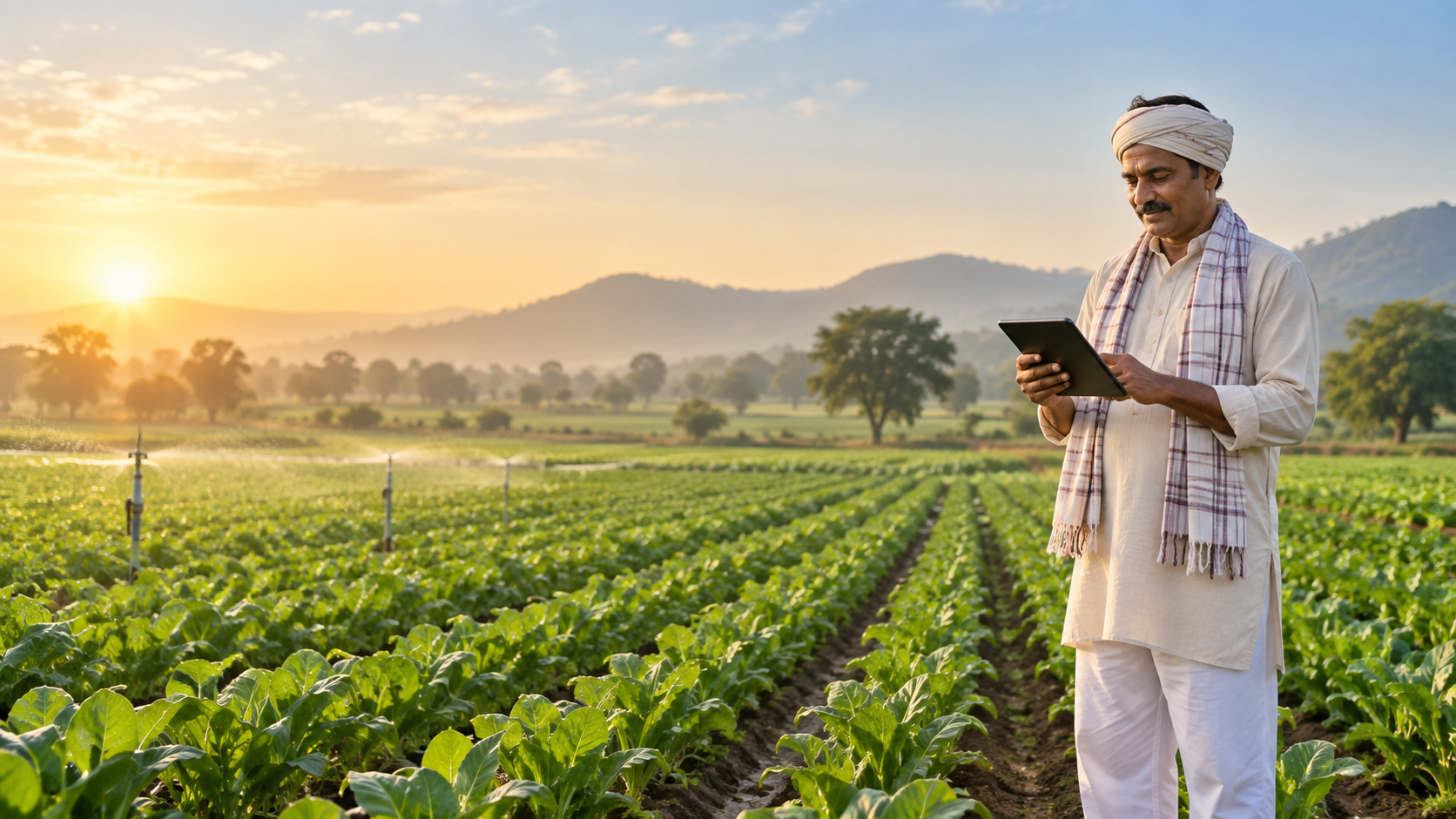 Indian farmer inspecting a thriving crop field